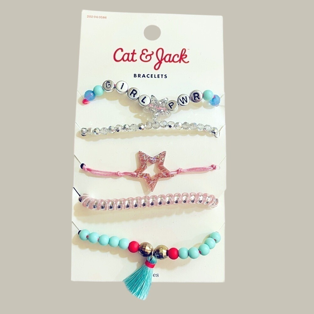 Cat & Jack Girls 5pc Bracelet Set Girl Power Star Tassel Pink Teal MULTI NWT